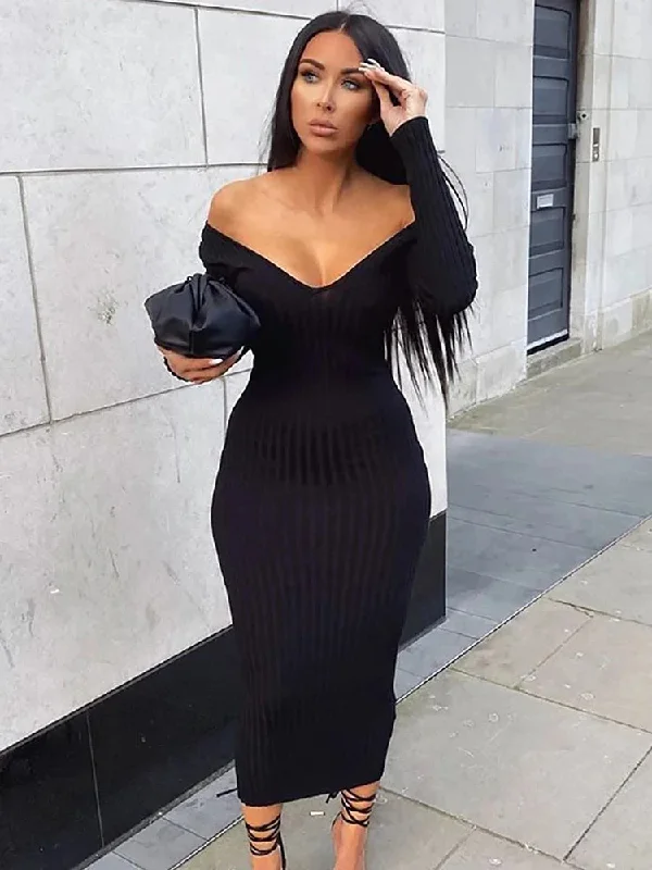 Spring Knitted Dress Women V-Neck Long Sleeve Sweater Maxi Dress