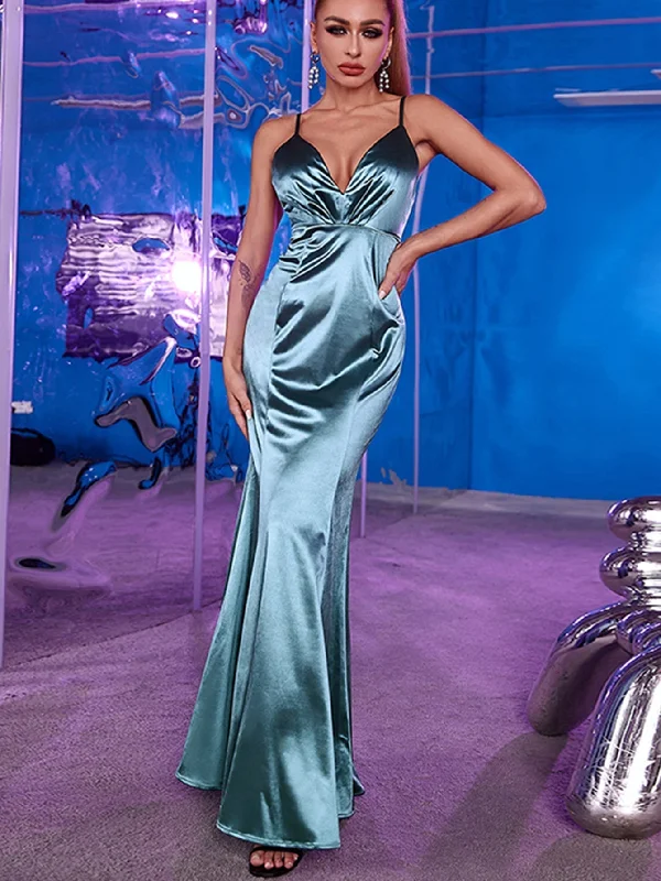 MegaBetty - Plunging Neck Backless Mermaid Hem Satin Prom Dress