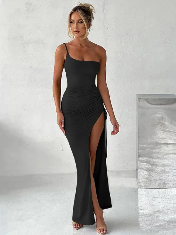 One Shoulder Elegant Long Split Party Drawstring Slim Sexy Summer Maxi Dress