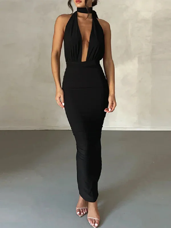 Elegant Deep V Neck Slim Bandage Bodycon Backless Nightclub Sexy Party Maxi Dress