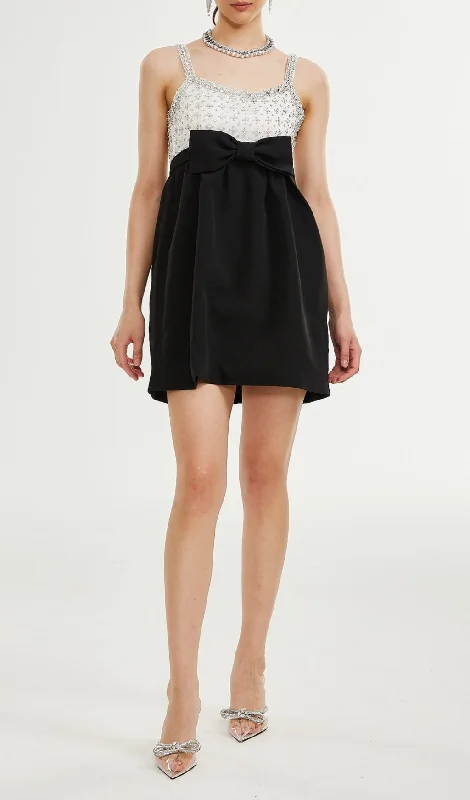 CRYSTAL EMBELLISHED ORGANZA SATIN MINI DRESS IN BLACK