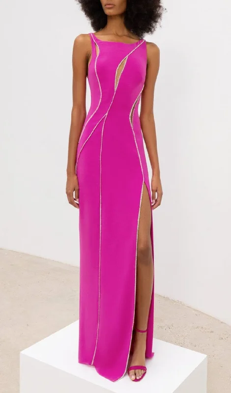 CRYSTAL WAVY CUTOUT THIGH-SLIT CADY GOWN