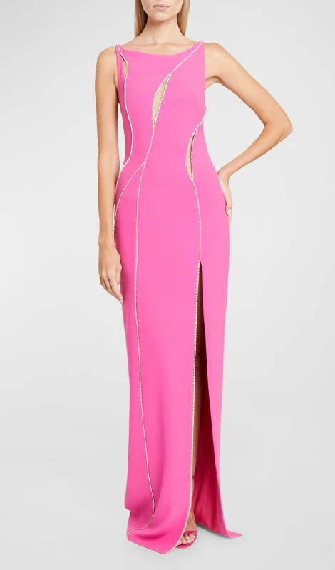 CRYSTAL WAVY CUTOUT THIGH-SLIT CADY GOWN