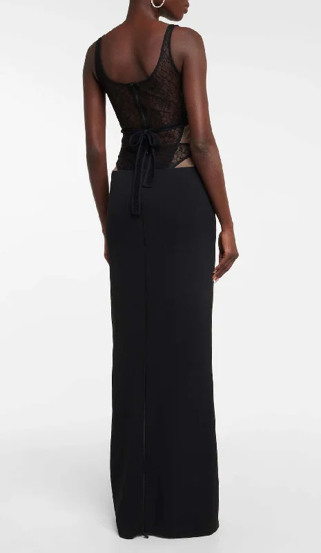 CUT-OUT TULLE CORSET MAXI DRESS IN BLACK