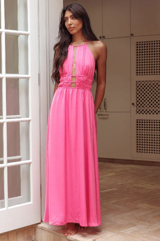 Cyndi Open Back Halterneck Maxi Dress Hot Pink