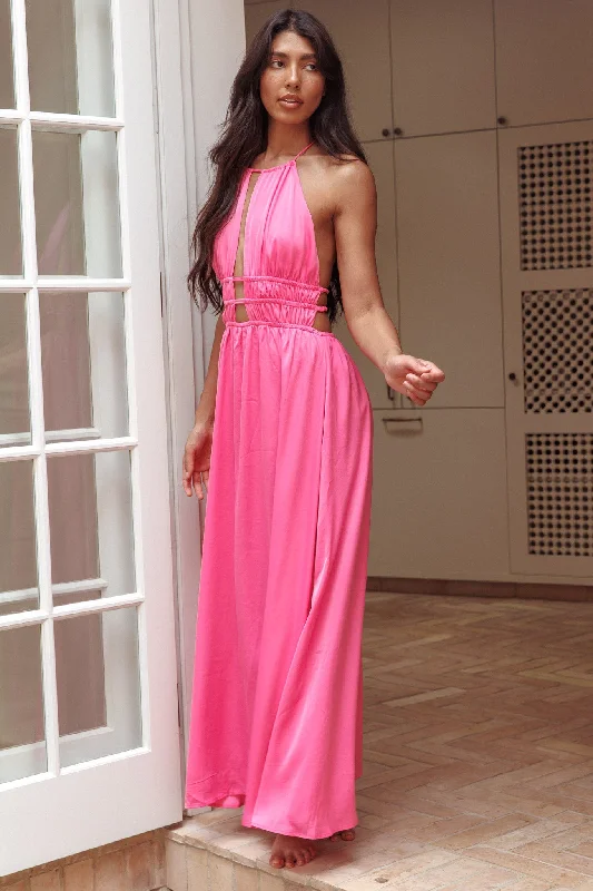 Cyndi Open Back Halterneck Maxi Dress Hot Pink