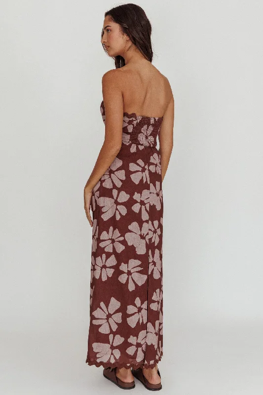 Cypress Floral Strapless Maxi Dress Brown