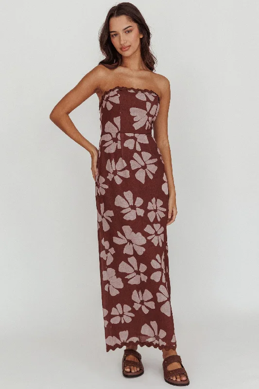 Cypress Floral Strapless Maxi Dress Brown