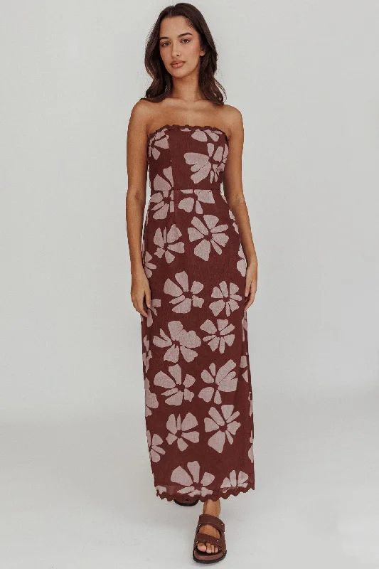 Cypress Floral Strapless Maxi Dress Brown