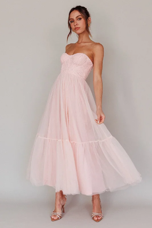 Dancing With Me Sweetheart Tulle Midi Dress Pink