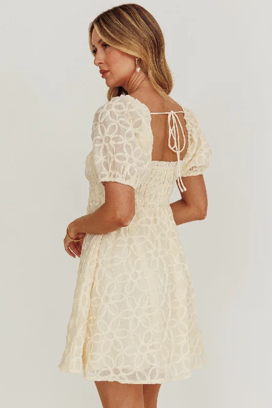 Dandelions Puff Sleeves A-Line Mini Dress Cream