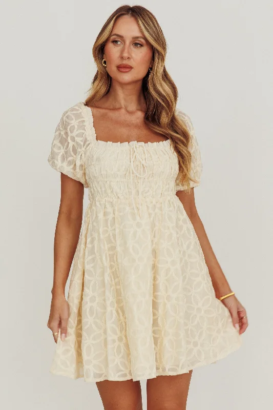 Dandelions Puff Sleeves A-Line Mini Dress Cream