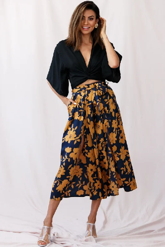 Danika Front Split Midi Culotte Pants Navy/Mustard