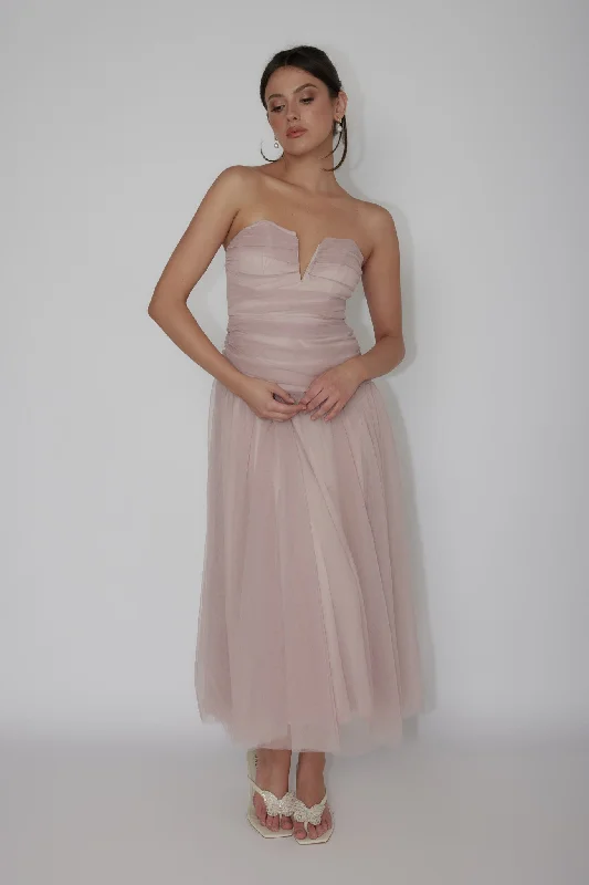 Daphnie Drop Waist Tulle Midi Dress Blush