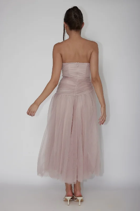 Daphnie Drop Waist Tulle Midi Dress Blush