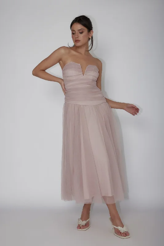 Daphnie Drop Waist Tulle Midi Dress Blush