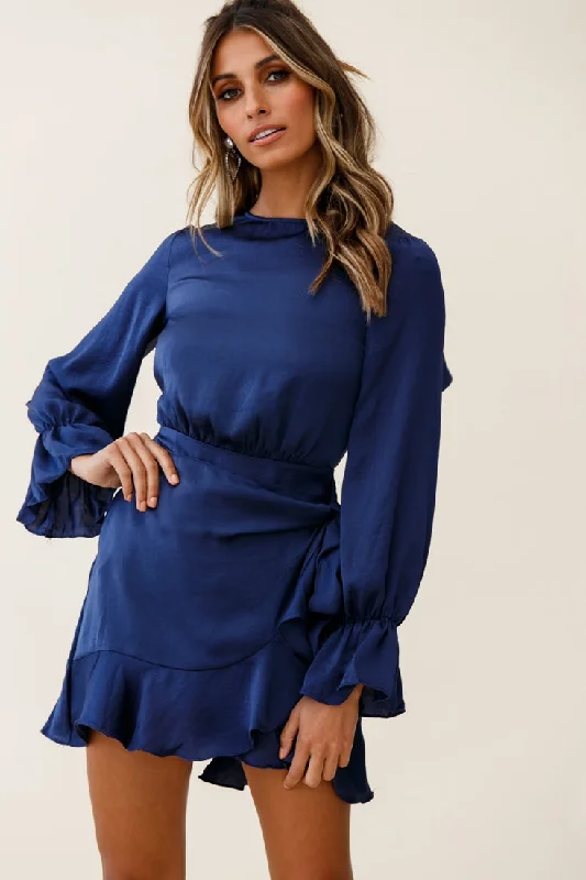 Darla Long Sleeve Satin Dress Navy