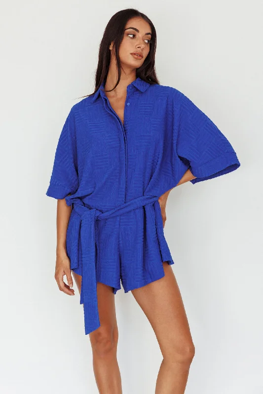 Daytona Beach Button-Up Romper Textured Blue