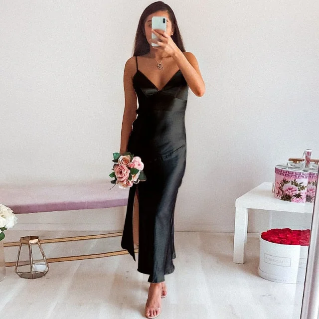 Amy Fashion - Deep V-Neck Satin Side Split Elegant Dresses