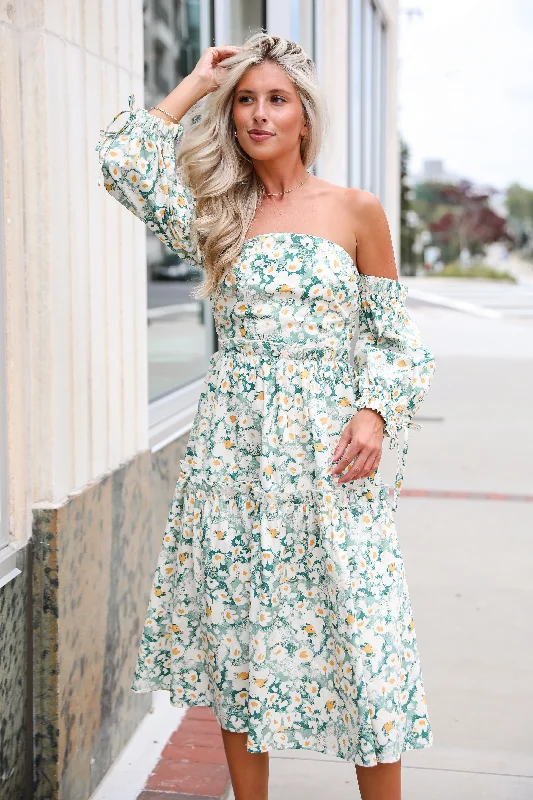 FINAL SALE - Delightful Aspect Sage Floral Off-The-Shoulder Midi Dress