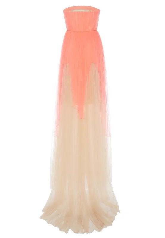 Nude and Pink Butterfly Embroidered Strapless Tulle Gown