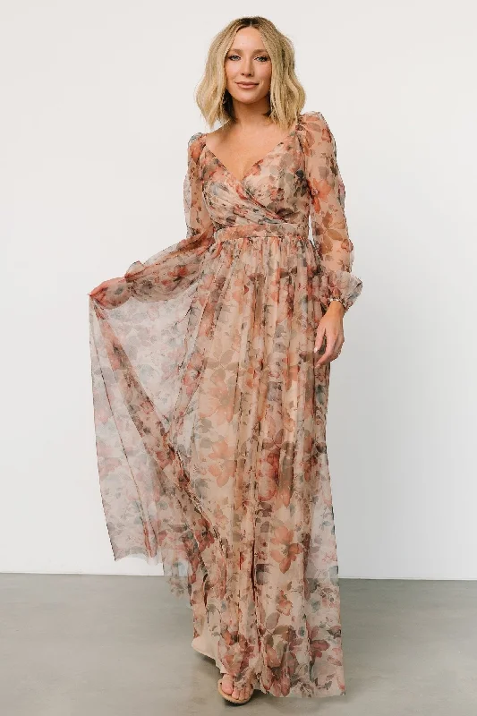 Desiree Tulle Maxi Dress | Taupe Floral