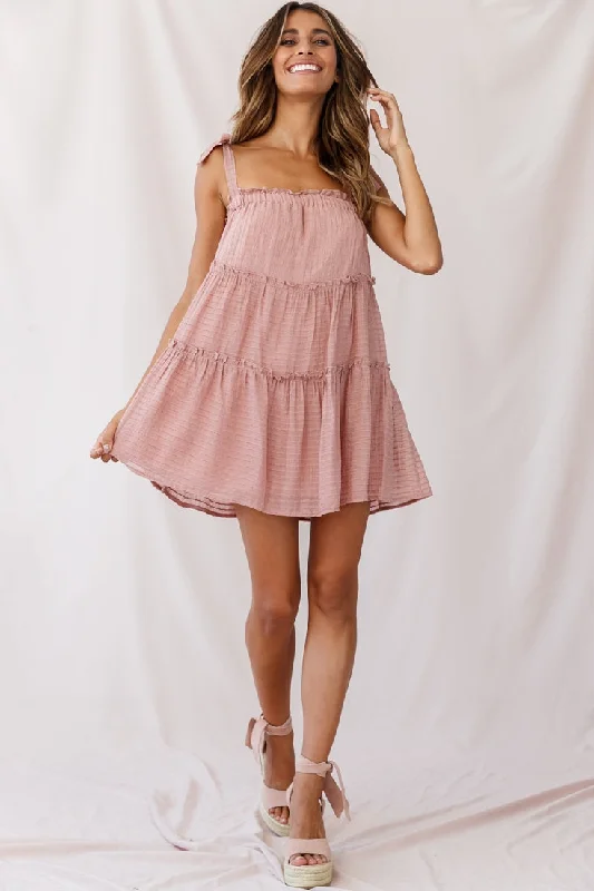 Dolly Layered Ruffle Tied Shoulder Strap Dress Rose