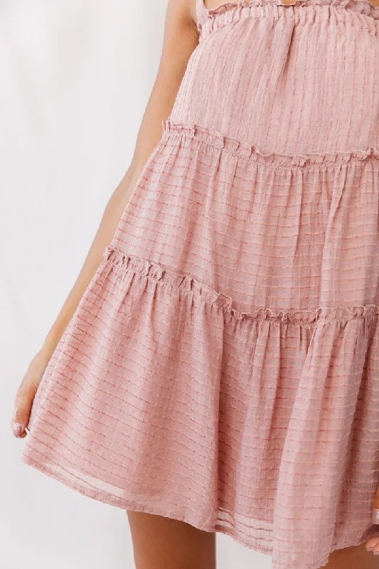 Dolly Layered Ruffle Tied Shoulder Strap Dress Rose