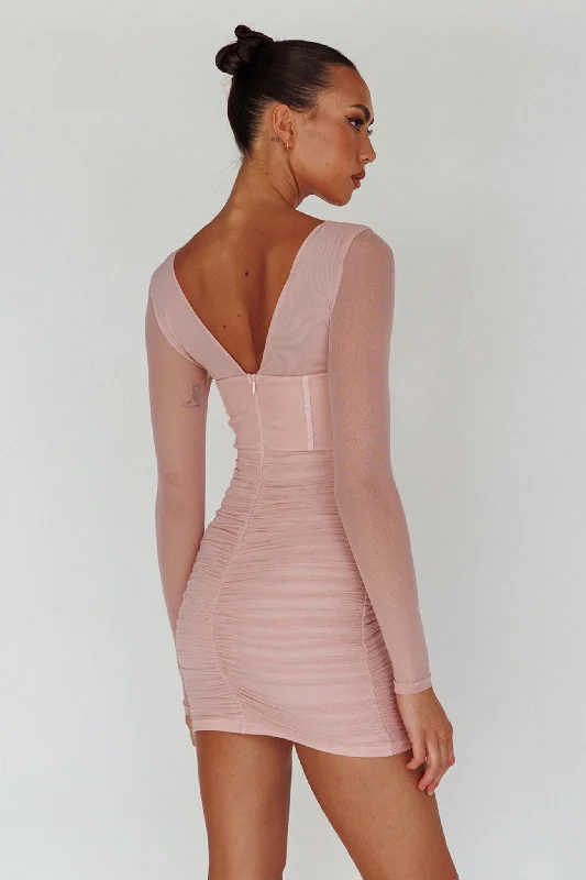 Dream Catcher Long Sleeve Ruched Mini Dress Blush