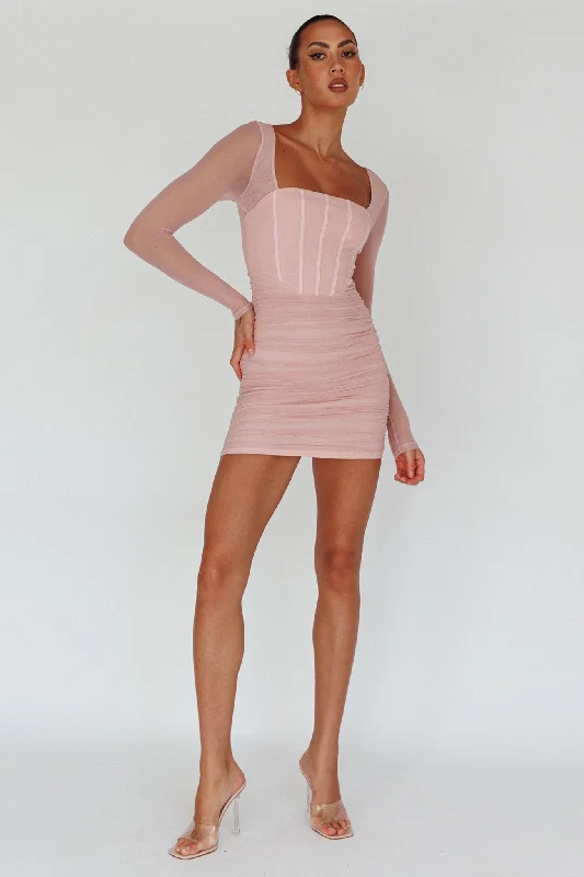 Dream Catcher Long Sleeve Ruched Mini Dress Blush