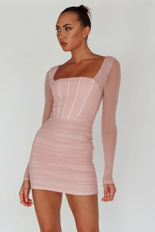 Dream Catcher Long Sleeve Ruched Mini Dress Blush