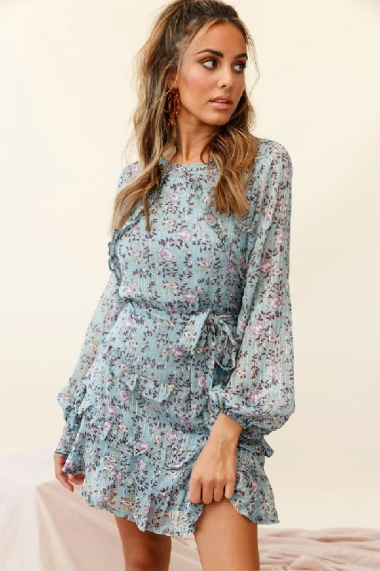 Dusk Long Sleeve Waist Tie Frill Dress Floral Print Midnight Blue