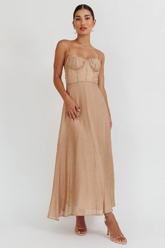 Echoes Tied Back A-Line Midi Dress Taupe