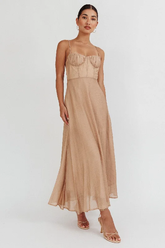 Echoes Tied Back A-Line Midi Dress Taupe