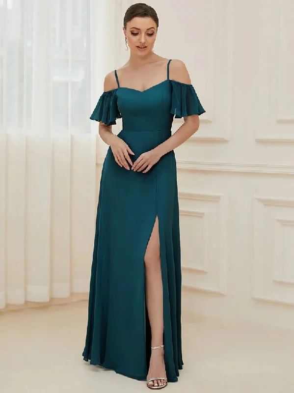 BerriesJam - Elegant Long Spaghetti Straps High Split Chiffon Dress