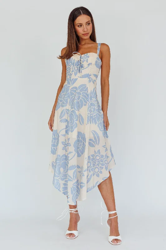 Euro Summer Asymmetrical Hem Midi Dress Floral Beige