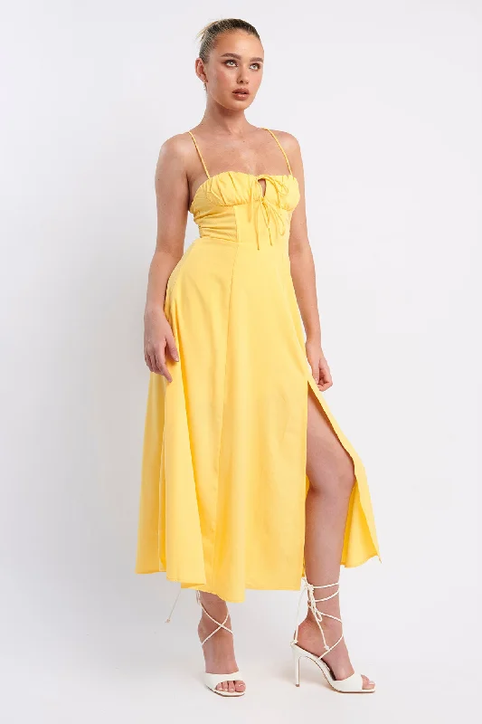 Euro Summer Split Hem Midi Dress Yellow