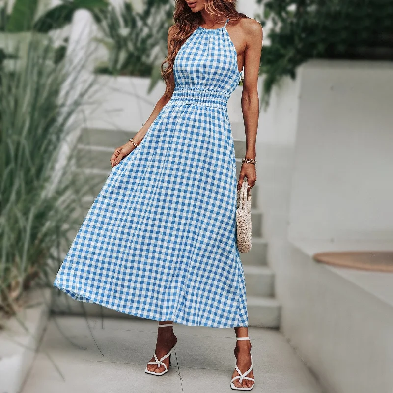 BerriesJam - Fashion Plaid Holiday Elastic Waist Beach Long Sundress