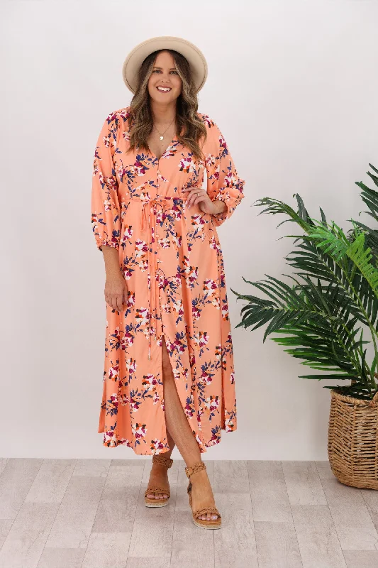 Fate Peach Sky Button Midi Dress Peach Pink Floral