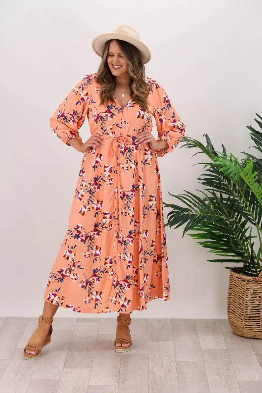 Fate Peach Sky Button Midi Dress Peach Pink Floral