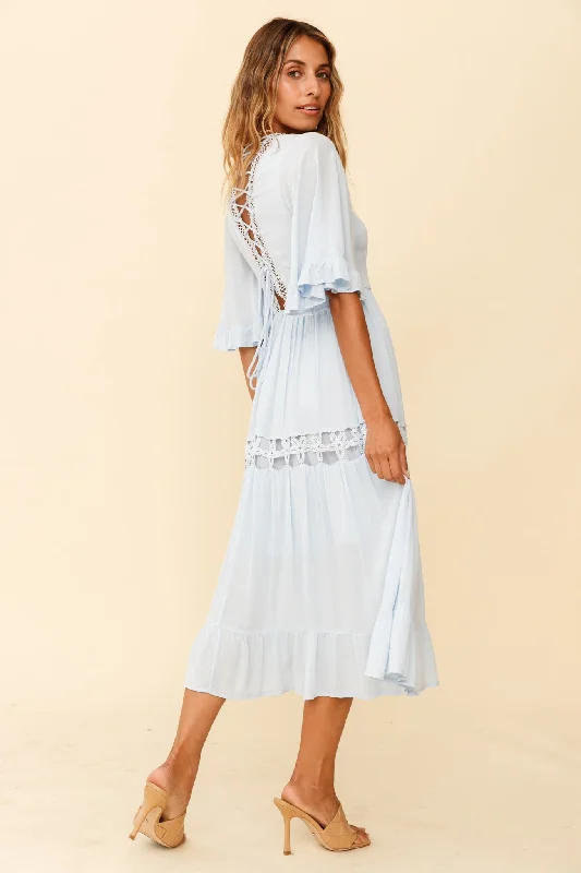 Feeling Groovy Bell Sleeve Crochet Trim Maxi Dress Ice Blue