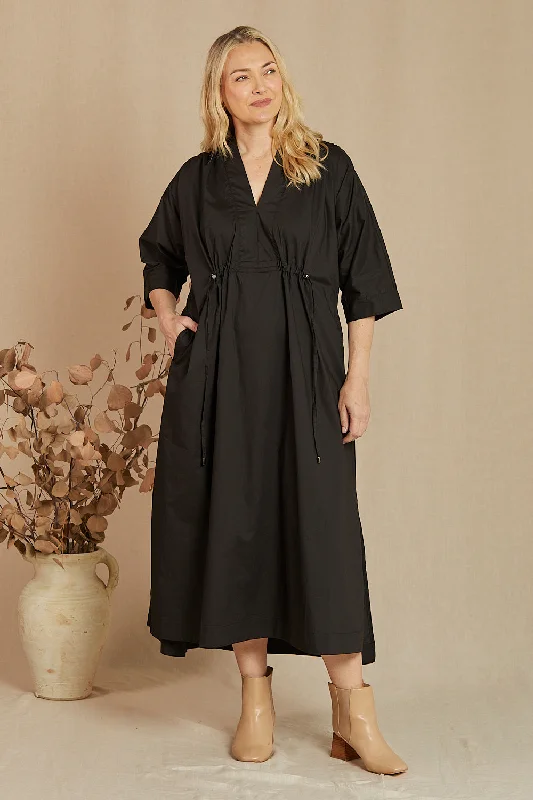 Finley Poplin Kaftan Dress in Black