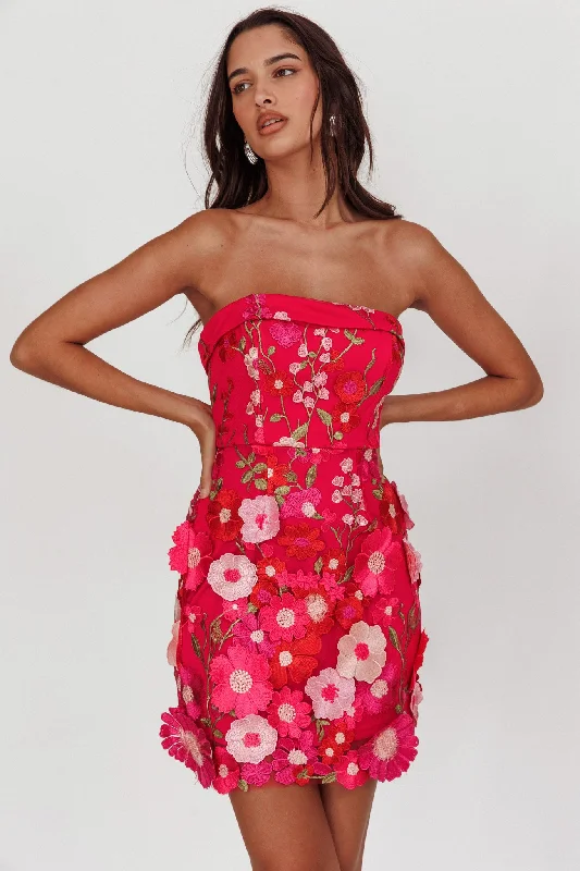 Flora Day Strapless Floral Embellished Mini Dress Fuchsia