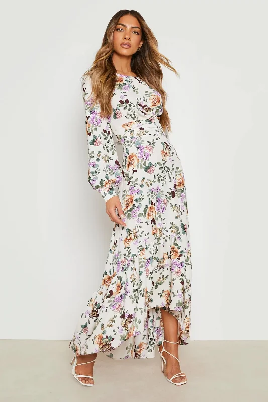 Floral Drop Hem Rouched Maxi Dress