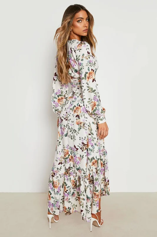 Floral Drop Hem Rouched Maxi Dress