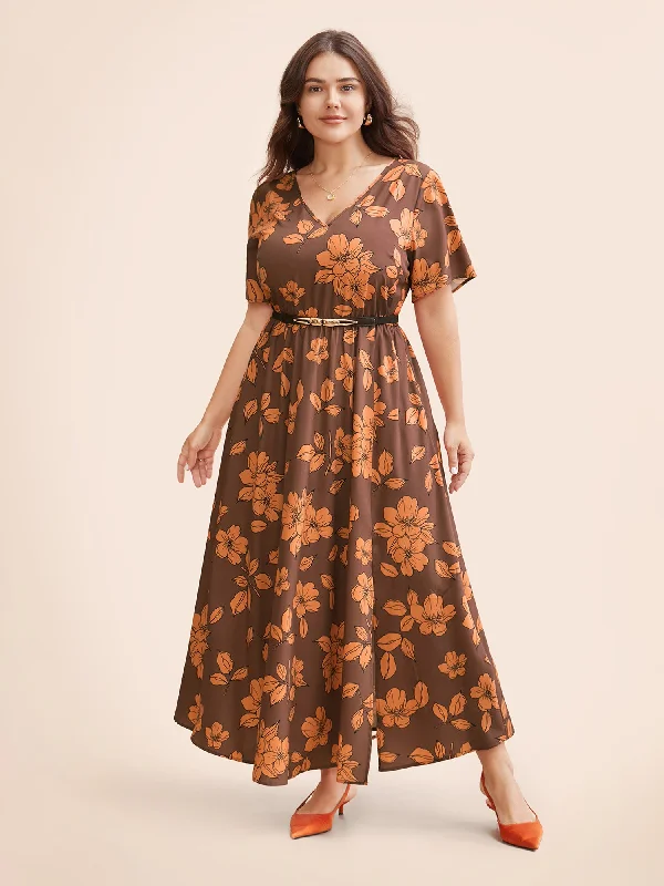 Floral Elastic Waist Split Front Dress