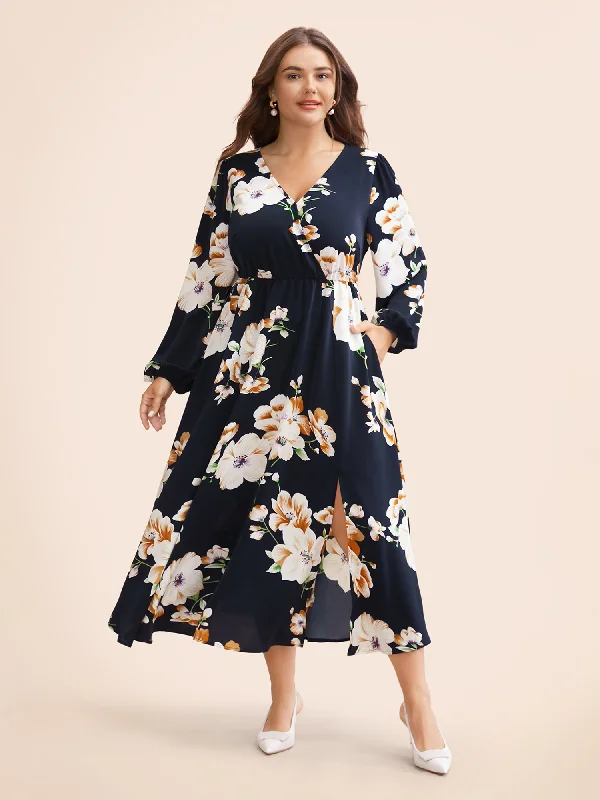 Bloom Dress - Floral Lantern Sleeve Pocket Split Surplice Neck Flutter Maxi Dress