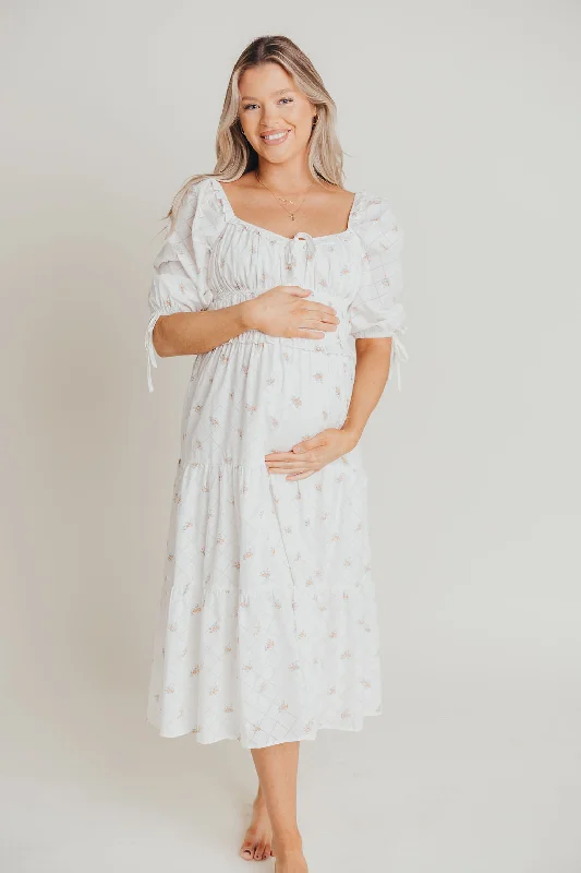 Positano Puffed Sleeve Midi Dress in White Floral - Bump Friendly