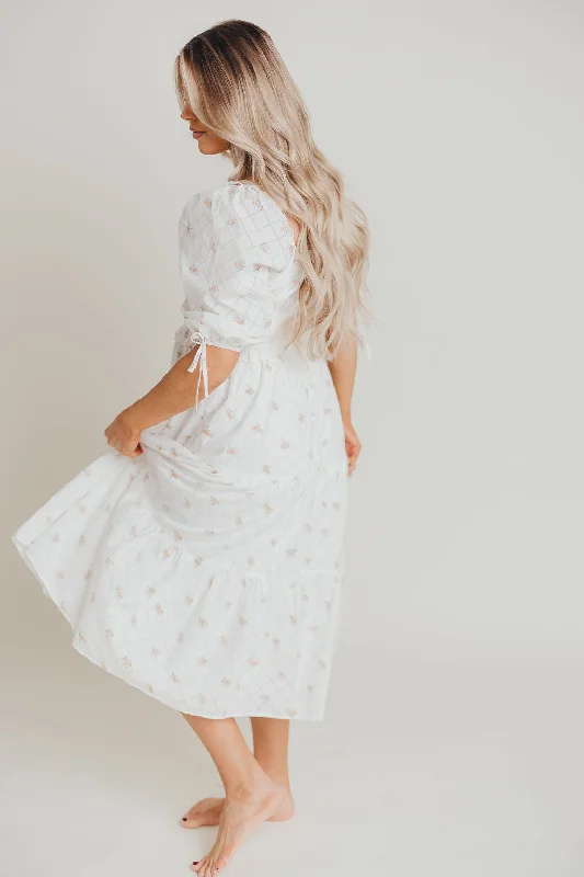 Positano Puffed Sleeve Midi Dress in White Floral - Bump Friendly