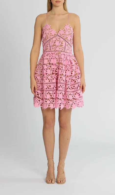 FLORAL SPAGHETTI STRAP GUIPURE LACE MINI DRESS IN PINK